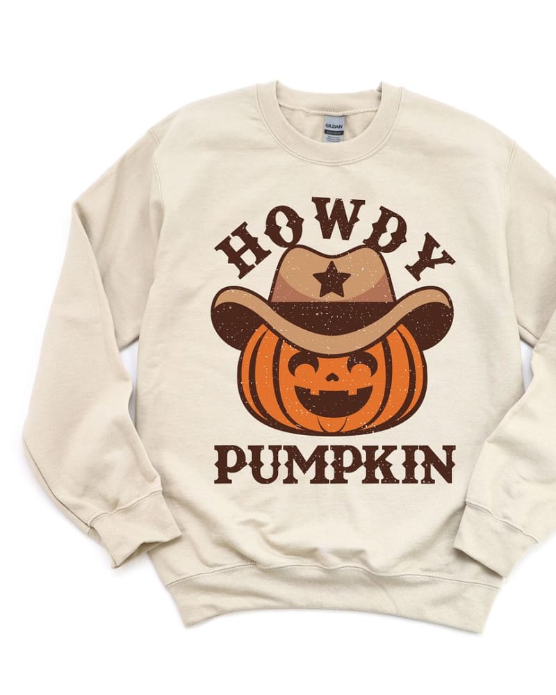 Front of a size 2XL Howdy Pumpkin Hat Graphic Sweatshirt in Dust by Simply Sage Market. | dia_product_style_image_id:313401